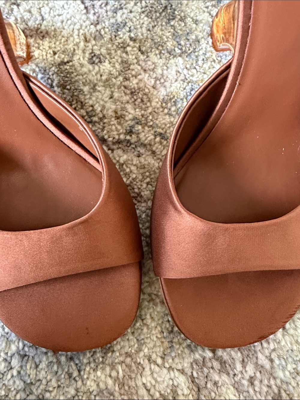 Jeffrey Campbell Brown Satin Slide Mules with Sculpted Clear Heel - Picture 7 of 9